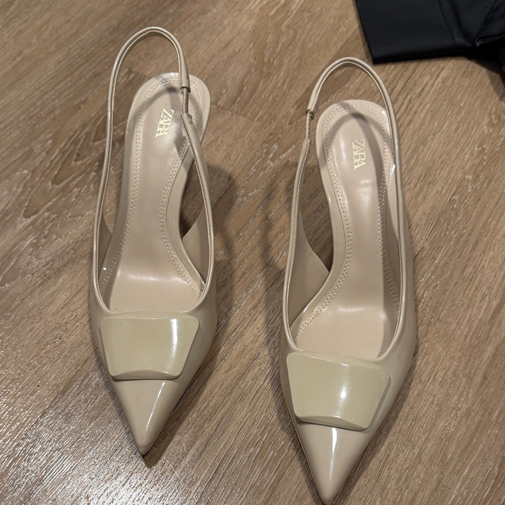 ZARA Cream Patent Slingback Pointed-Toe Pumps